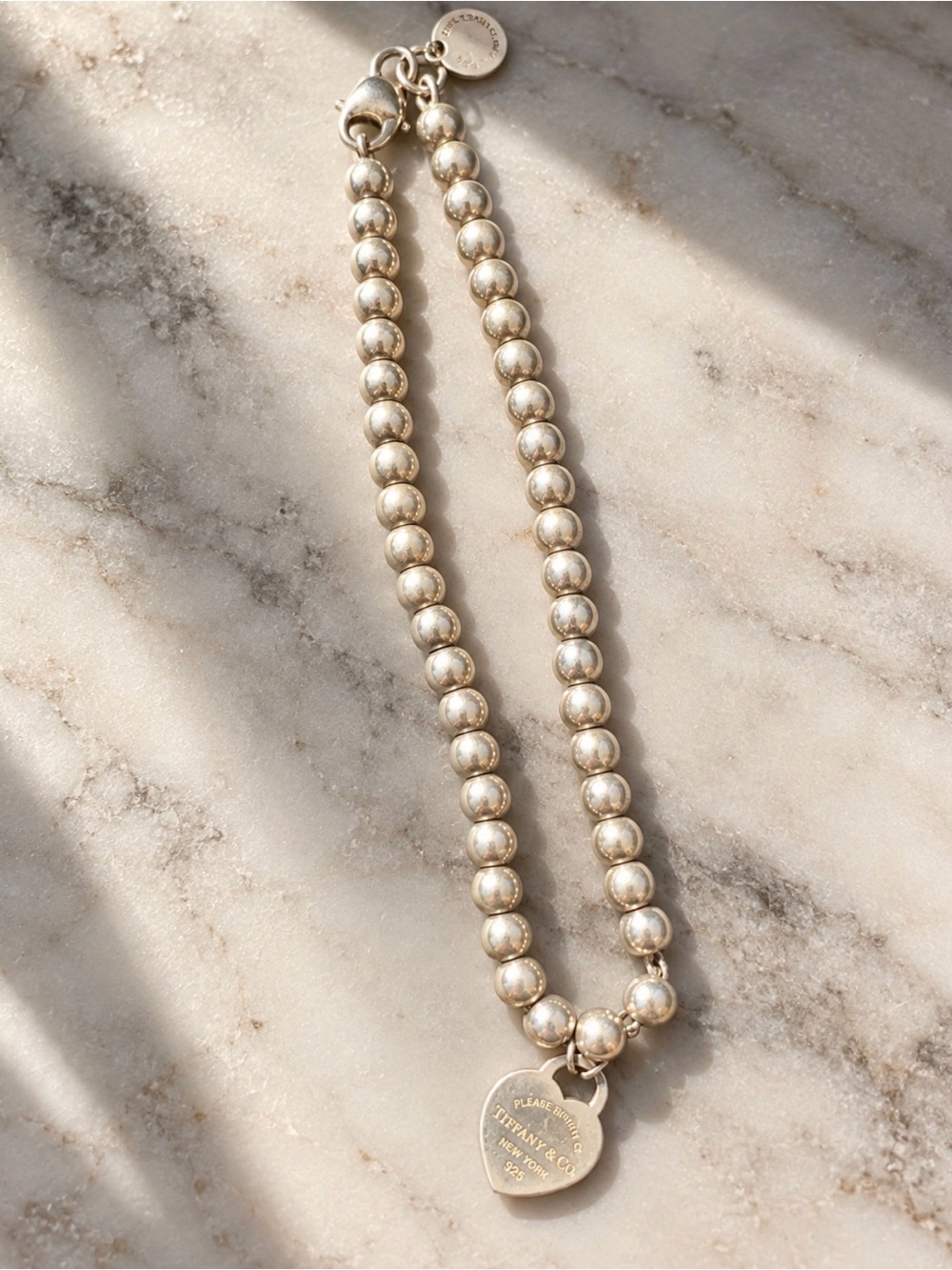 Tiffany & Co. Silver Beaded Necklace with Heart Tag Pendant Size: Large